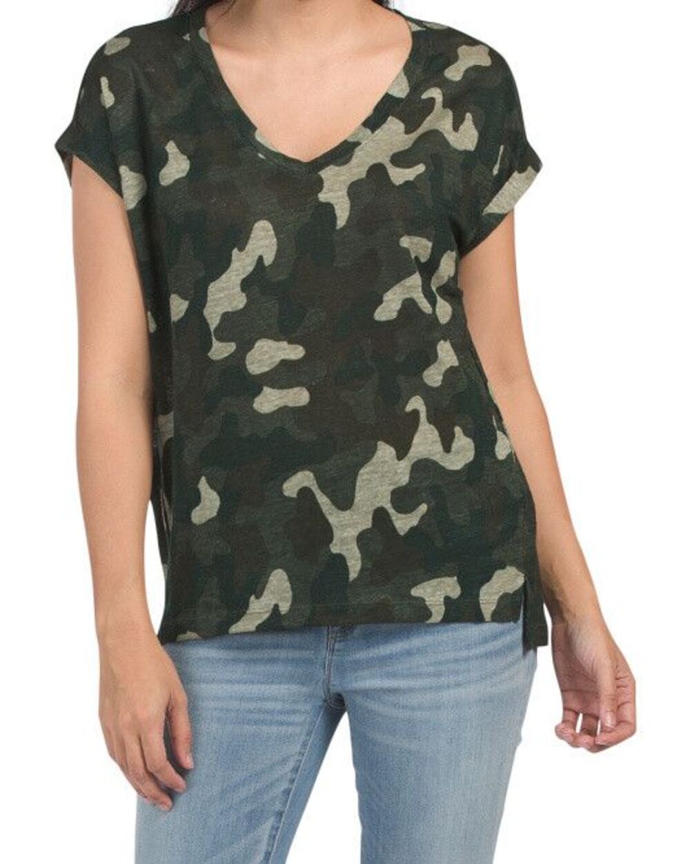 C&C California women Green Camouflage Relaxed Fit Linen Knit T Shirt Top size XS